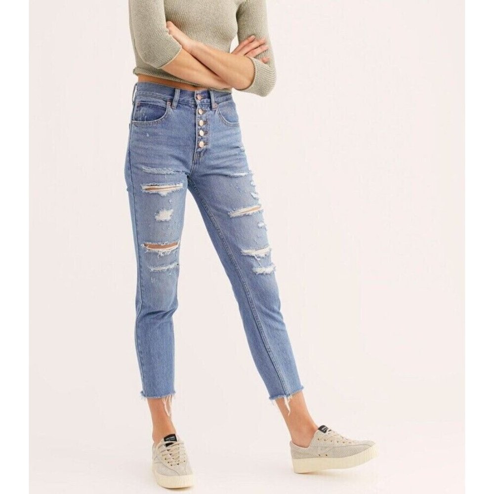 Free People Jeans Blossom Rigid Skinny High Rise Distressed Button Fly